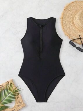 SHEIN Black Front Zip High Neck One-Piece Swimsuit